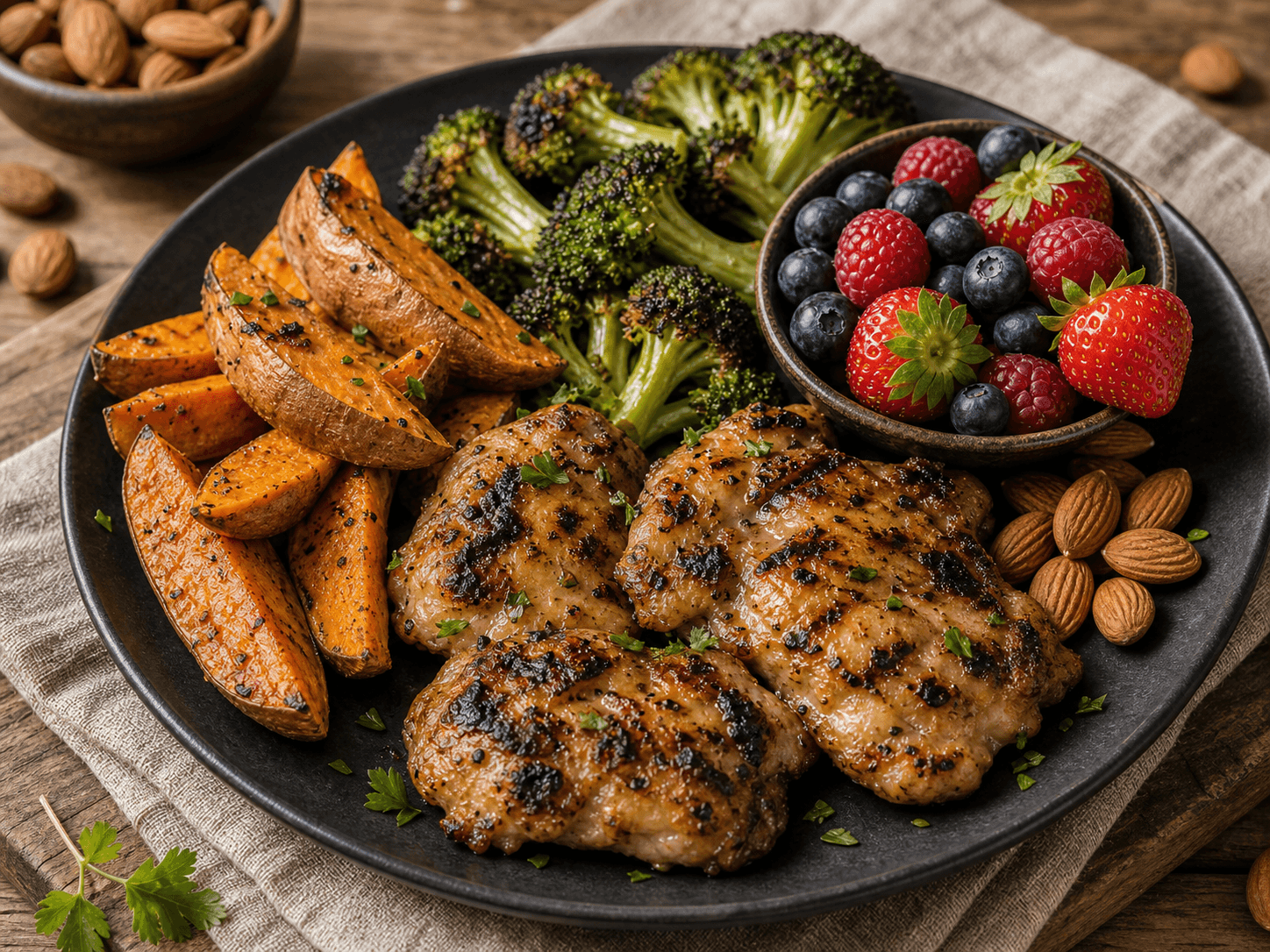 Paleo meal with grilled chicken, sweet potato, vegetables, and nuts