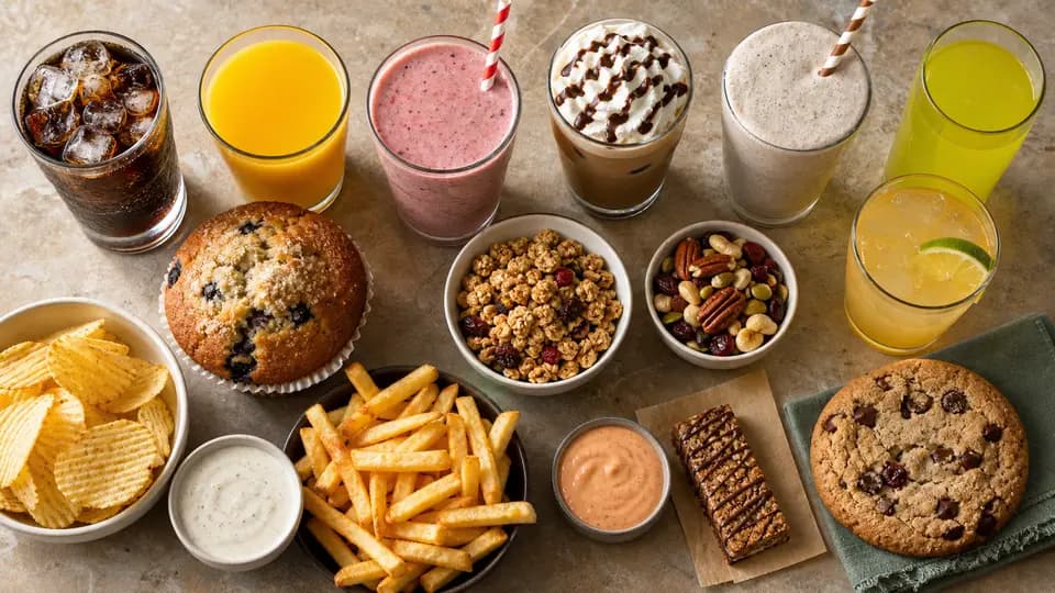 An overhead spread of soda, juice, smoothies, coffee drinks, snacks, fries, sauces, a muffin, and a large cookie