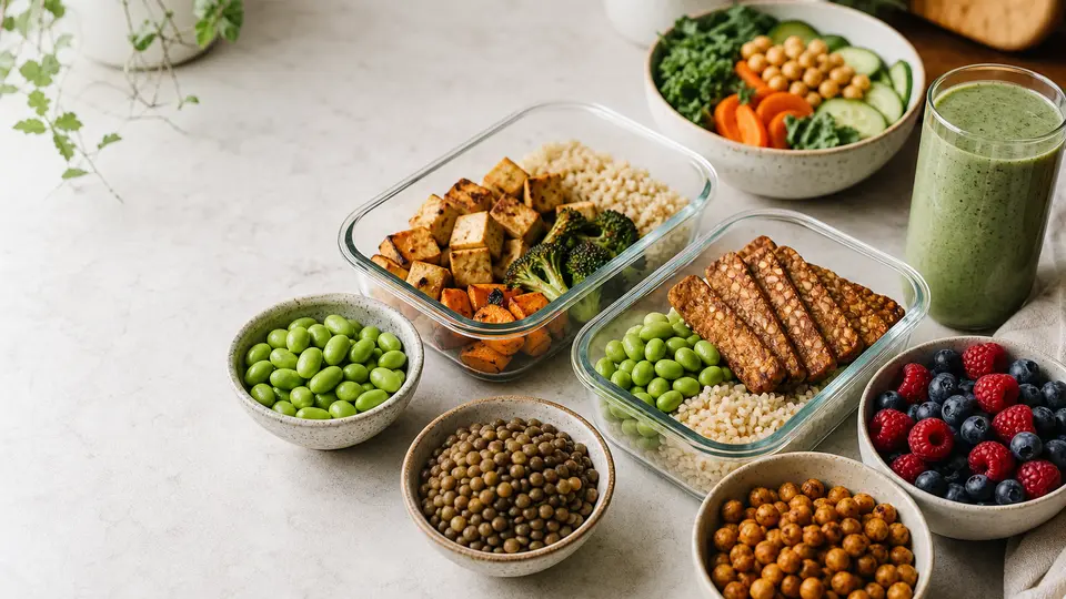 Vegan high-protein meal prep containers with tofu, tempeh, lentils, edamame, grains, and berries