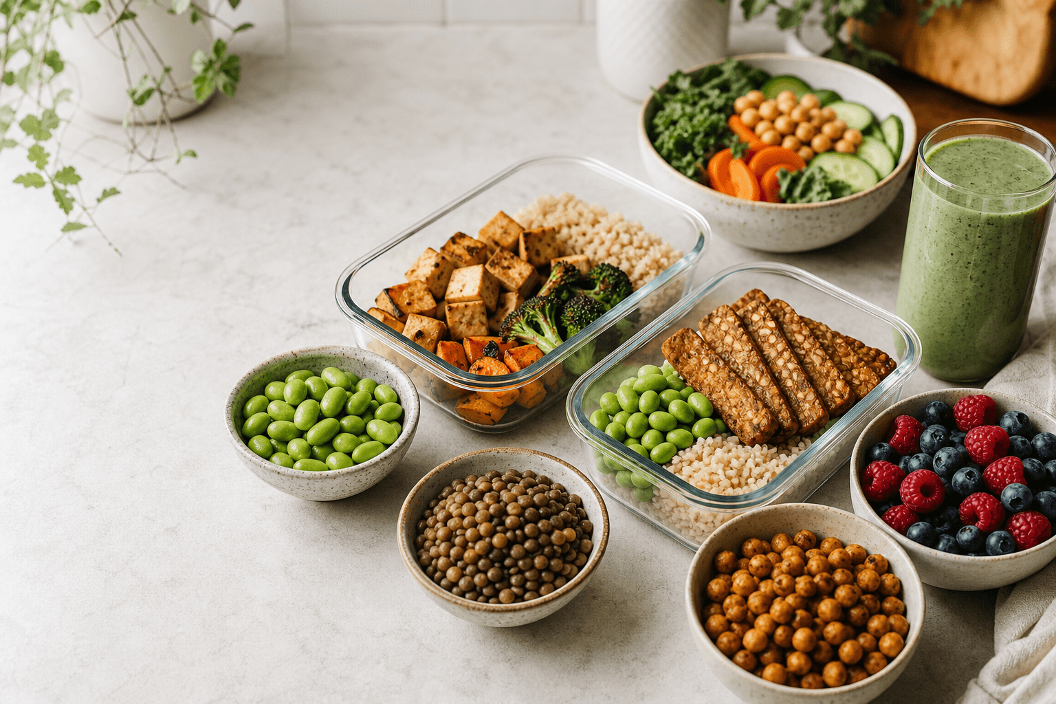 Vegan high-protein meal prep containers with tofu, tempeh, lentils, edamame, grains, and berries