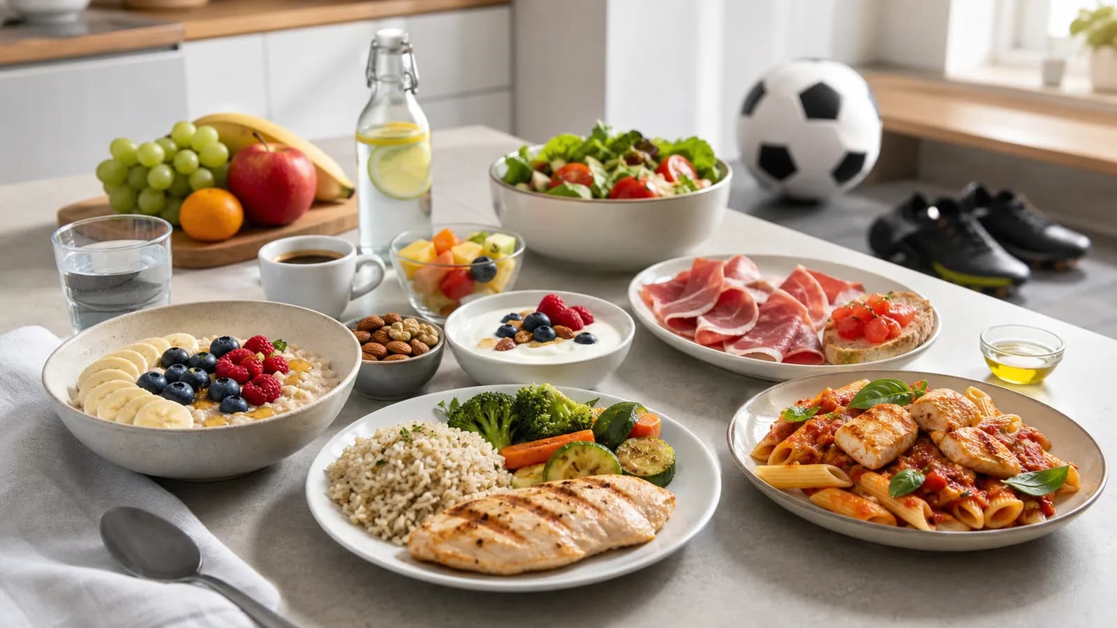 A full day of soccer-player meals with oats, fruit, yogurt, rice, chicken, salad, pasta, fish, and a small plate of jamón beside a soccer ball