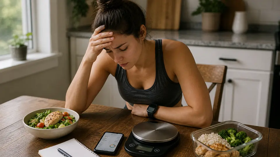 A calm nutrition dashboard showing a weight trend line, meal log, and checklist for diagnosing a calorie deficit plateau