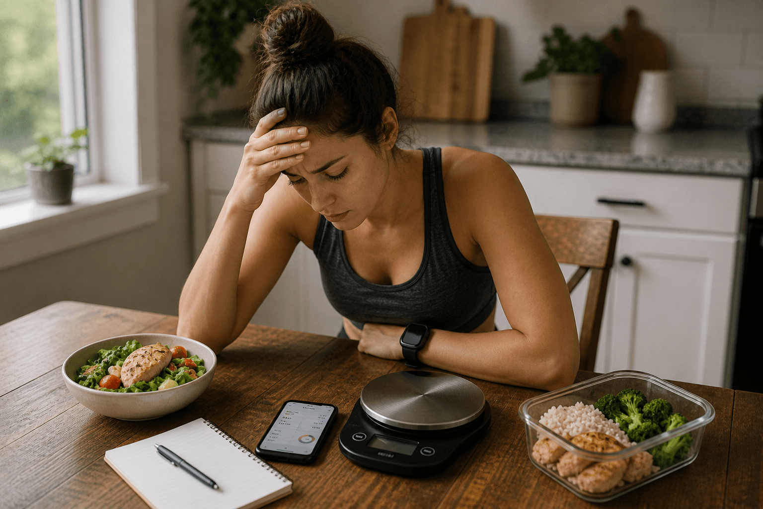 A calm nutrition dashboard showing a weight trend line, meal log, and checklist for diagnosing a calorie deficit plateau