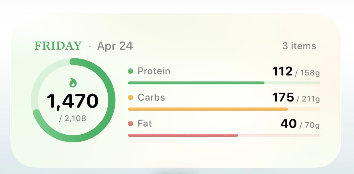 Home screen widget showing calorie ring and macro progress bars
