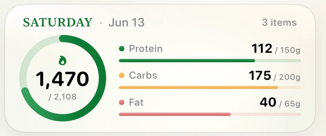 Home screen widget showing calorie ring and macro progress bars