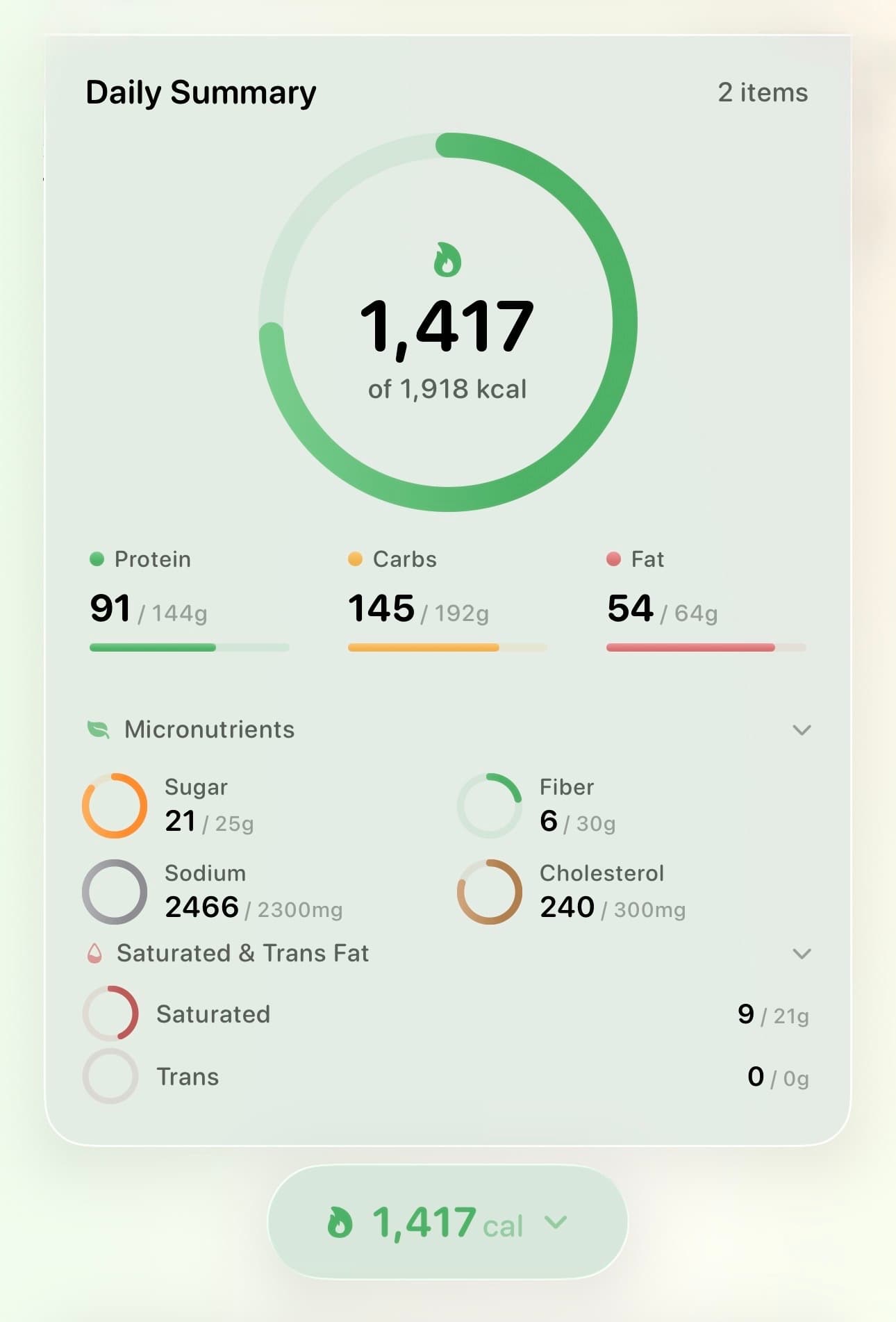 Daily summary with calories, macros, and full micronutrient breakdown