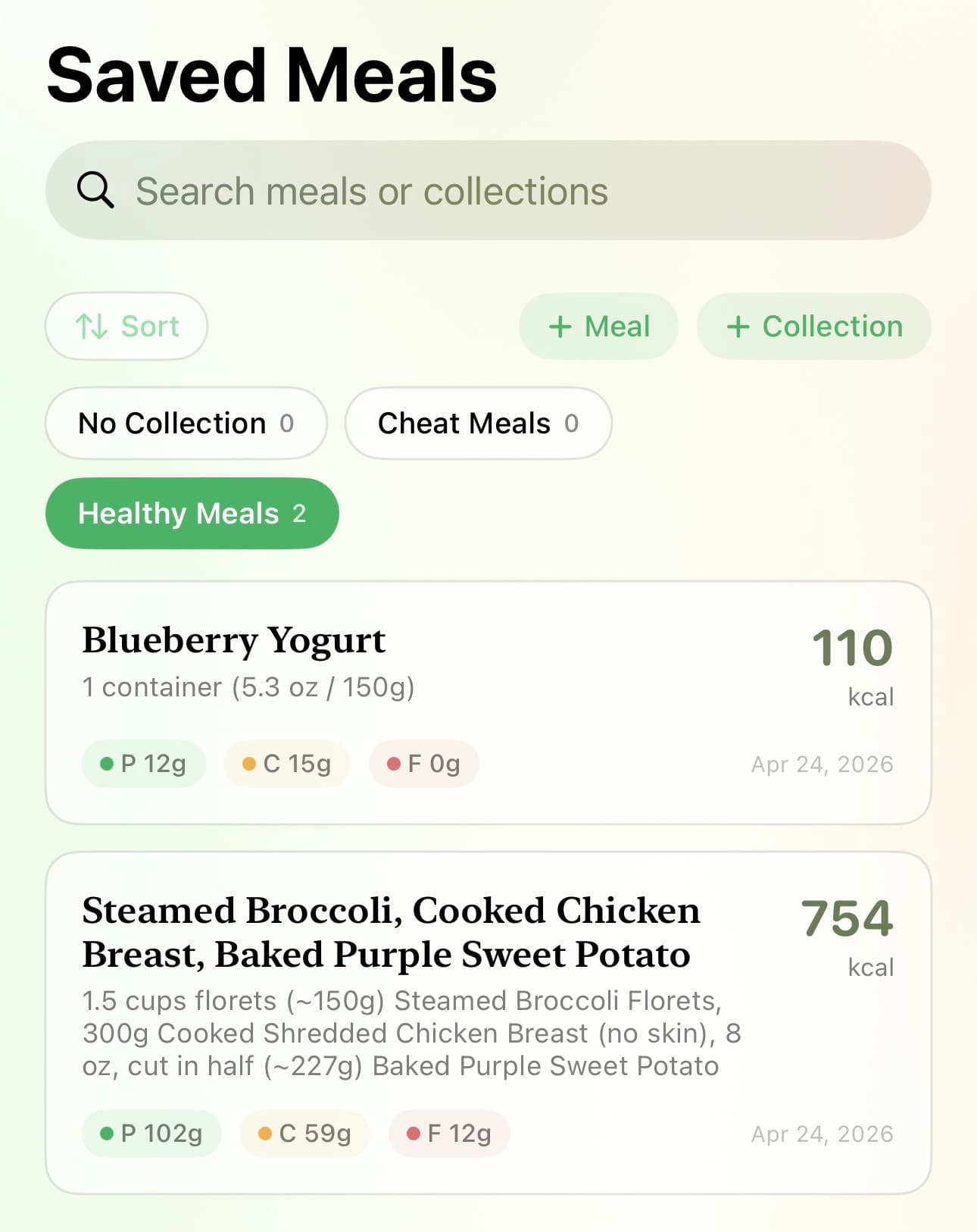 Saved meals library with collection chips and meal cards