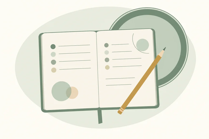 Flat illustration of a journal, plate, and pencil