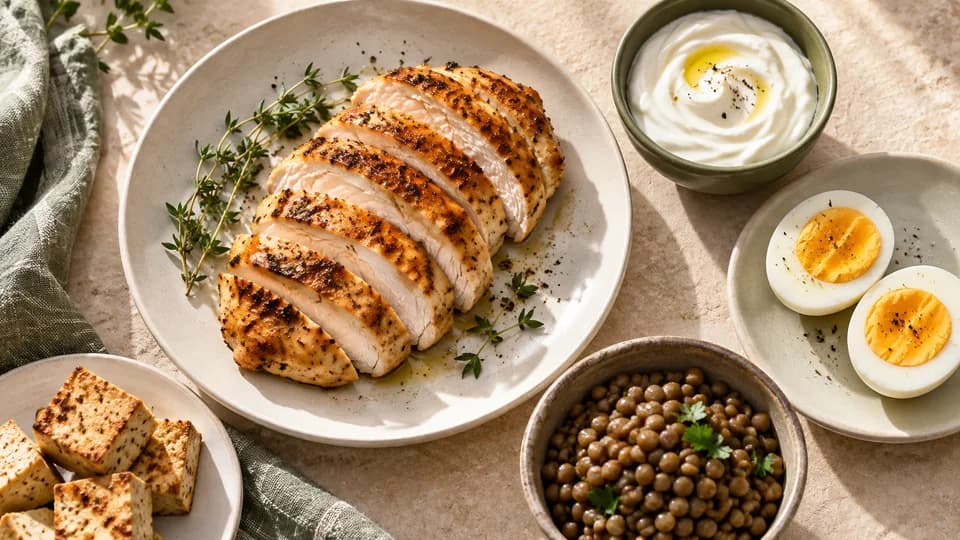 Illustrative spread of sliced chicken breast, yogurt, eggs, lentils, and tofu