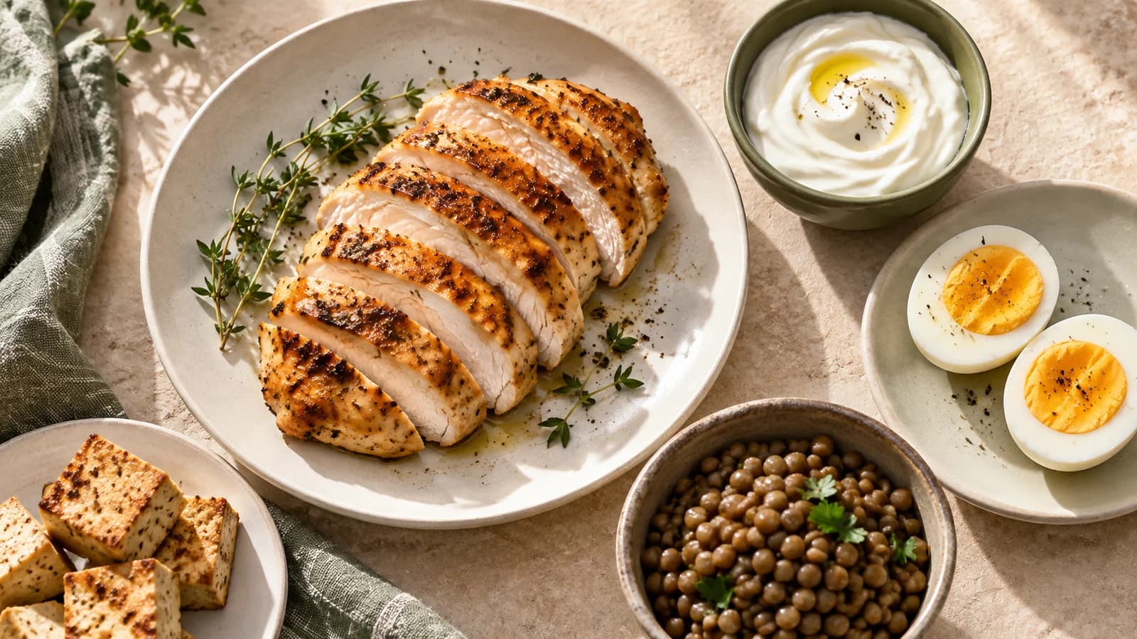 Illustrative spread of sliced chicken breast, yogurt, eggs, lentils, and tofu