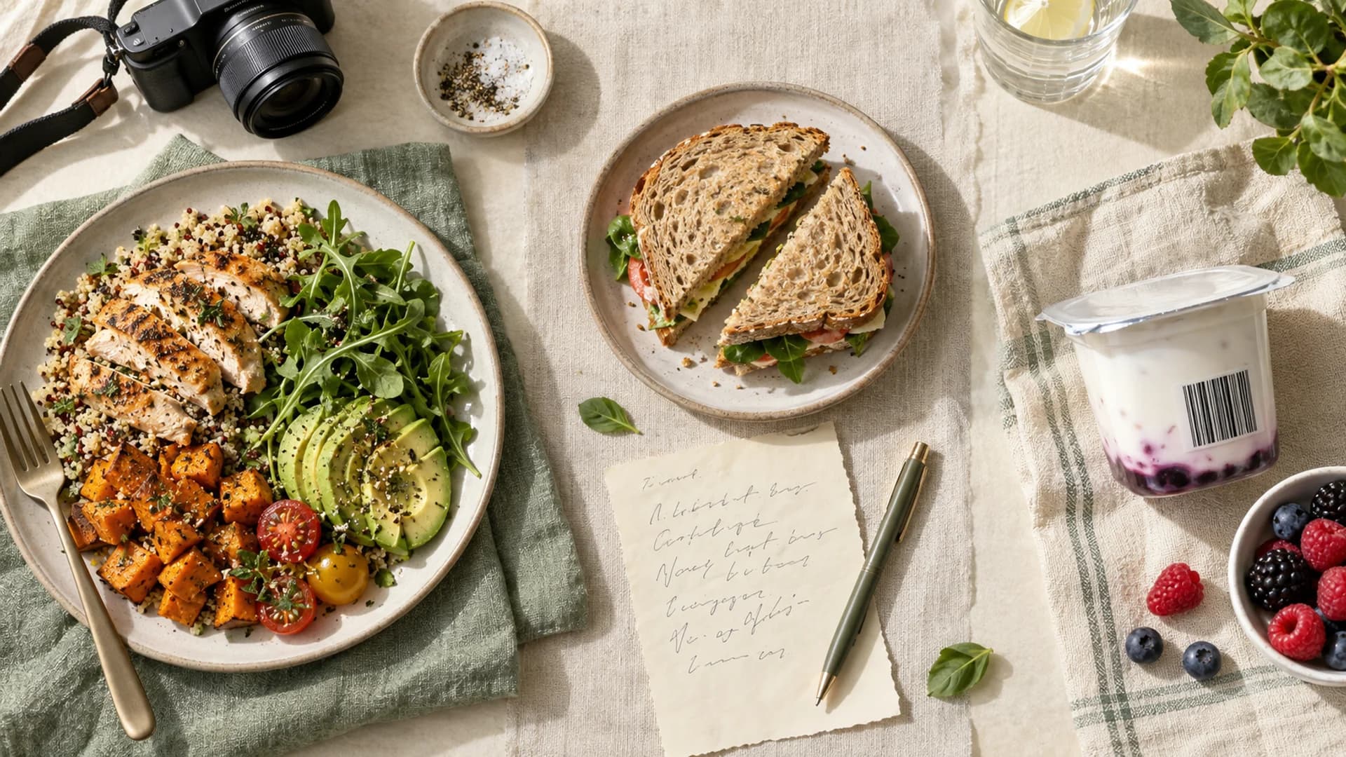 Three food logging situations: a plated meal, a sandwich and written note, and a packaged yogurt with barcode