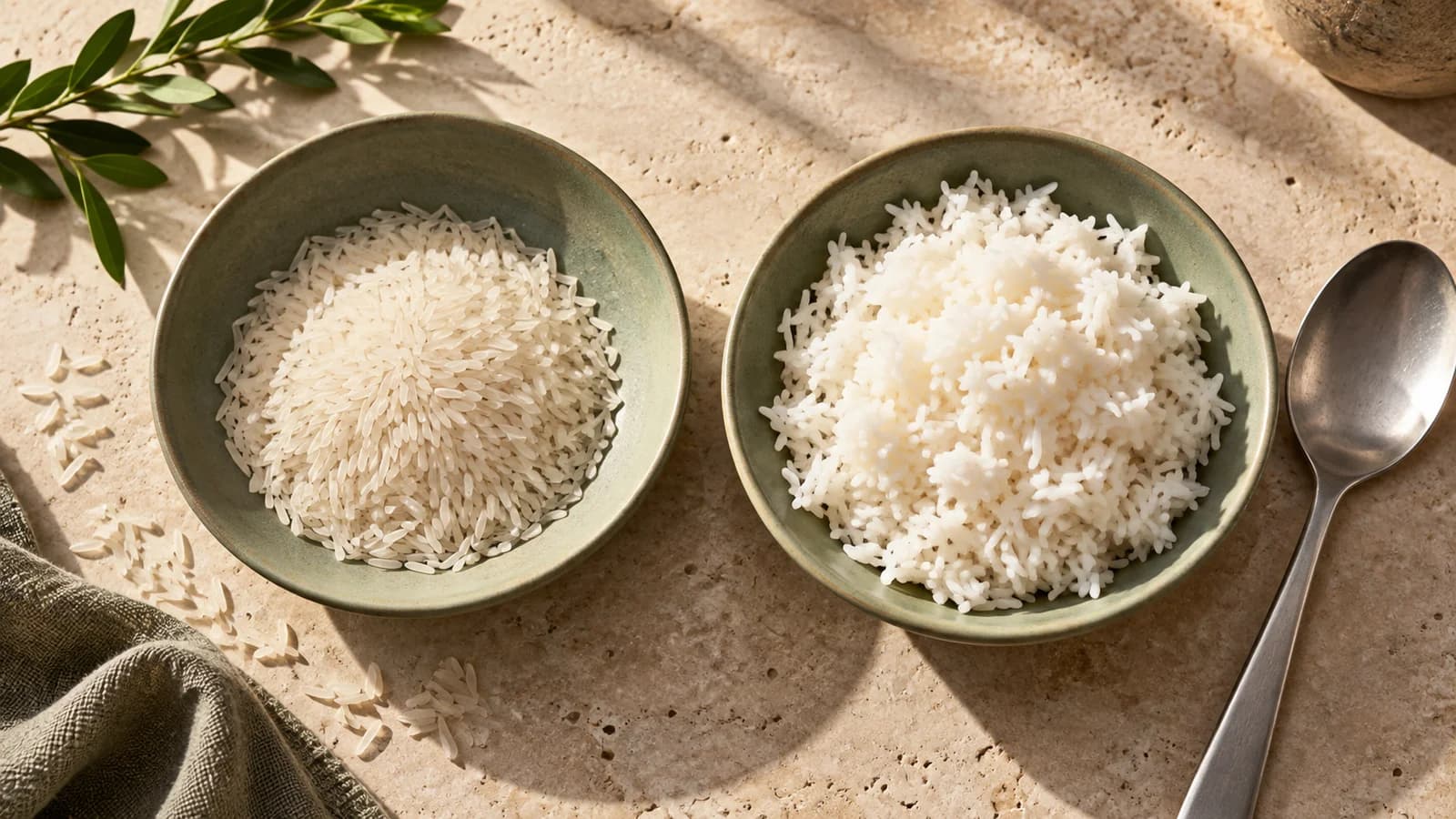 Illustration of dry rice and fluffy cooked rice in two sage bowls on a sunlit counter