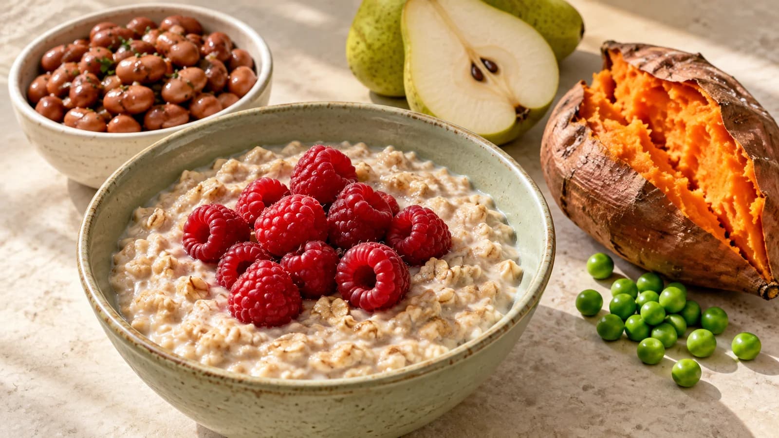 Illustrative spread of oatmeal with raspberries, beans, a pear, sweet potato, and peas