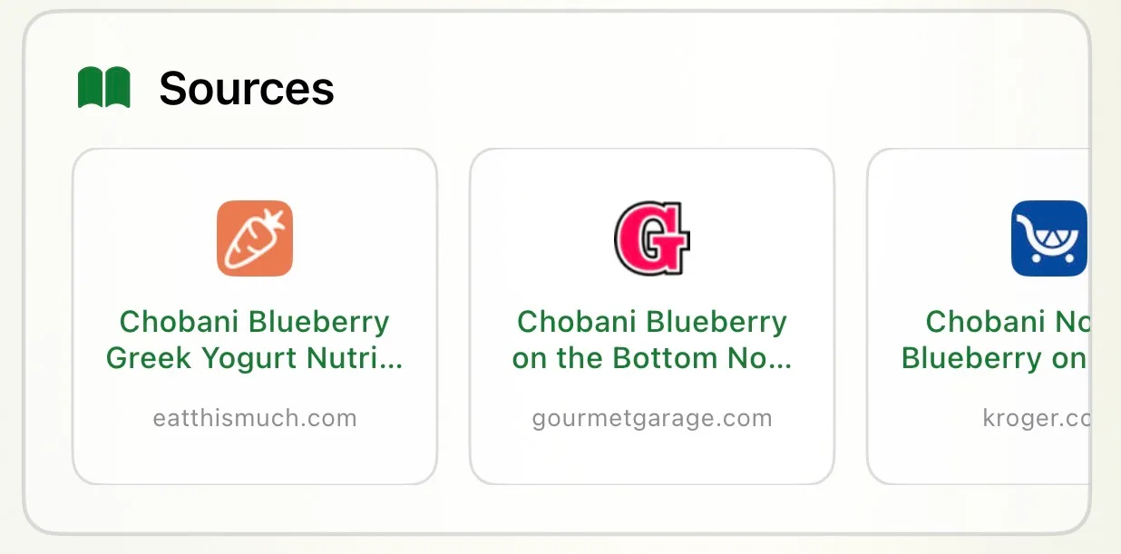 Example source cards for blueberry yogurt from Eat This Much, Gourmet Garage, and Kroger