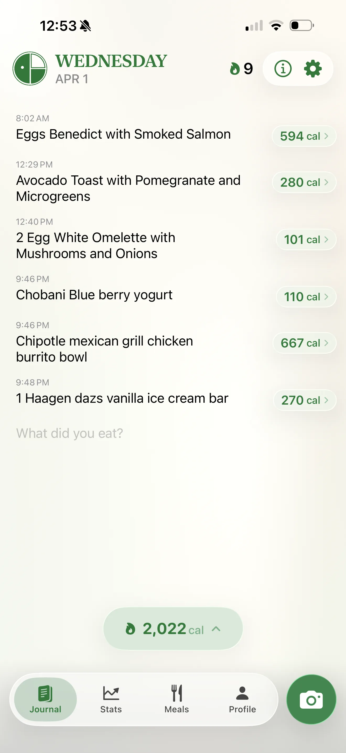 Mindful journal screen showing daily food entries